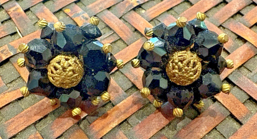 Vintage Gold Tone Brass And Black Beaded Clip On Earrings Costume Jewelry